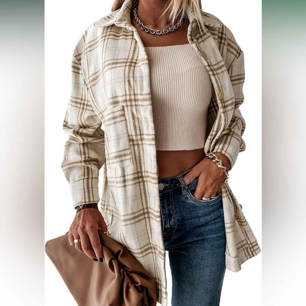 Blandsi Plaid Flannel Shacket - Size Small | Color: Beige